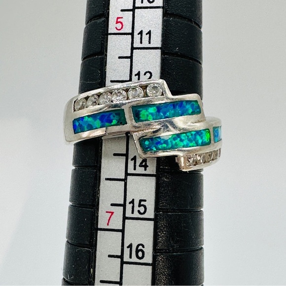 Sterling Silver Ring Created Opal CZ Accent Size 6 Crossover Blue Green 925 Mark - Picture 11 of 11